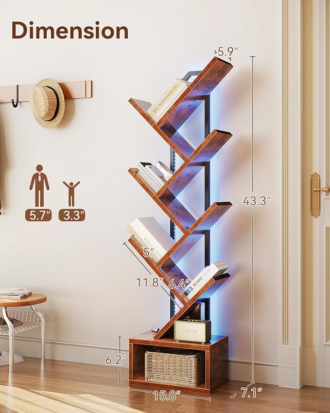 Casaottima Tree Bookshelf with LED Lights, 6-Tier Small Bookshelf, Vintage | Narrow Bookcase for Small Spaces, Steel & Wood Storage Shelf with Cabinet, Home Organizer for Living Room, Bedroom, Office