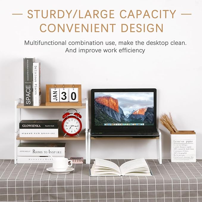 YGYQZ Desk Shelf Organizer for Top of Desk, 3-Tier Desktop Bookshelf, White & Wood