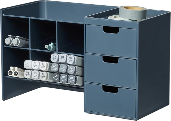 Blue Ginkgo Stackable Desk & Pen Organizer, Blue, Made in Korea | Multi-Compartment. 3 Drawers. Easy Access.
