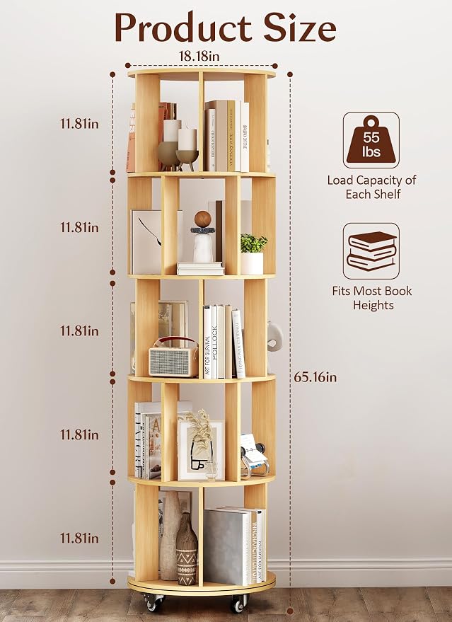 5 Tier Rotating Bookshelf 360 ° Rotating Bookshelf Tower Wood Revolving Bookcase Tall Narrow Spinning Book Shelf Tower with Storage and Sturdy Construction for Bedroom, Living Room, Office(Wood)