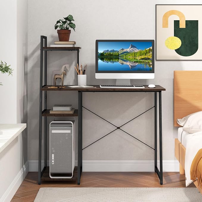 Giantex Computer Desk with Shelves, 47.5” Home Office Desk with Bookshelf, Host Stand, Metal Frame, PC Laptop Workstation, Modern Study Writing Desk for Bedroom, Small Space (Rustic Brown & Black)