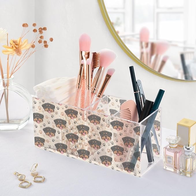 Rottweiler Dog Paw Print Acrylic Pencil Pen Holder Desk Accessories Holder, Cosmetic Brush Organizer Modern Design Desktop Stationery Organizer for Office School and Home 7.87 x 2.48 x 3.54 In