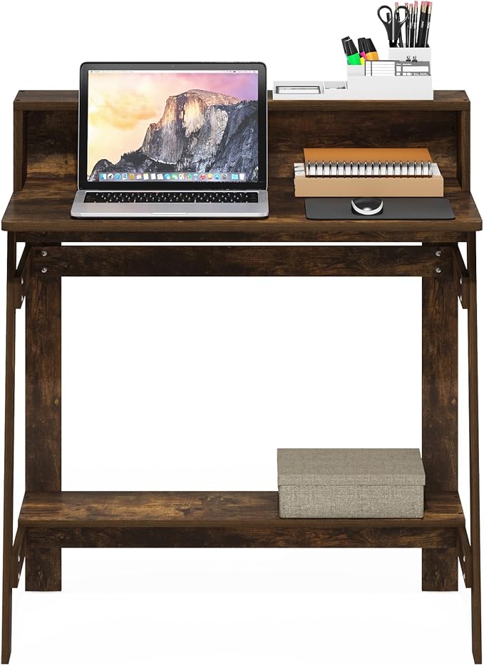 Furinno Simplistic 32" Wide Desk, Gaming Desk with Shelf, Amber Pine | with Monitor Stand, A Frame Computer Desk, Office Desk, for Home Office, Bedroom, Study Room, Dorm