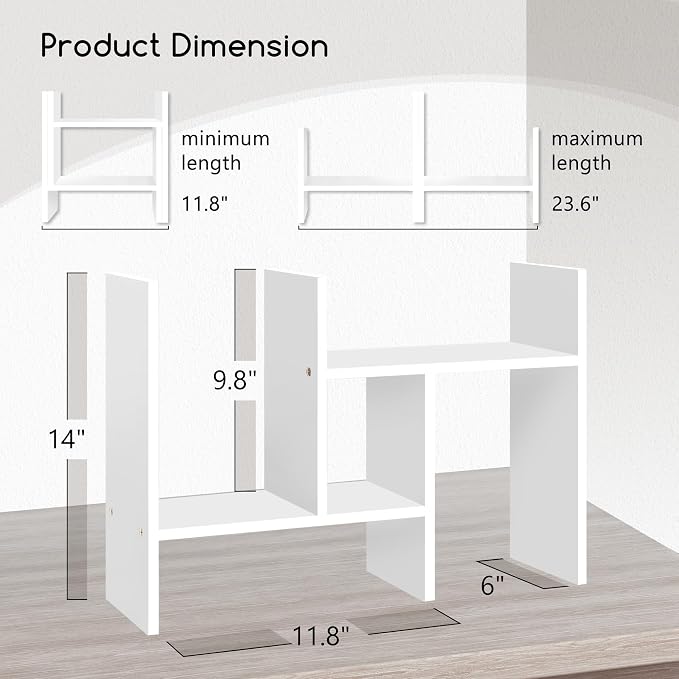 Jerry & Maggie Desktop Organizer Office Storage Rack Adjustable Wood Display Shelf Free Style Double H, Multi-Functional Mini Bookshelf for Desk Natural Stand (White)