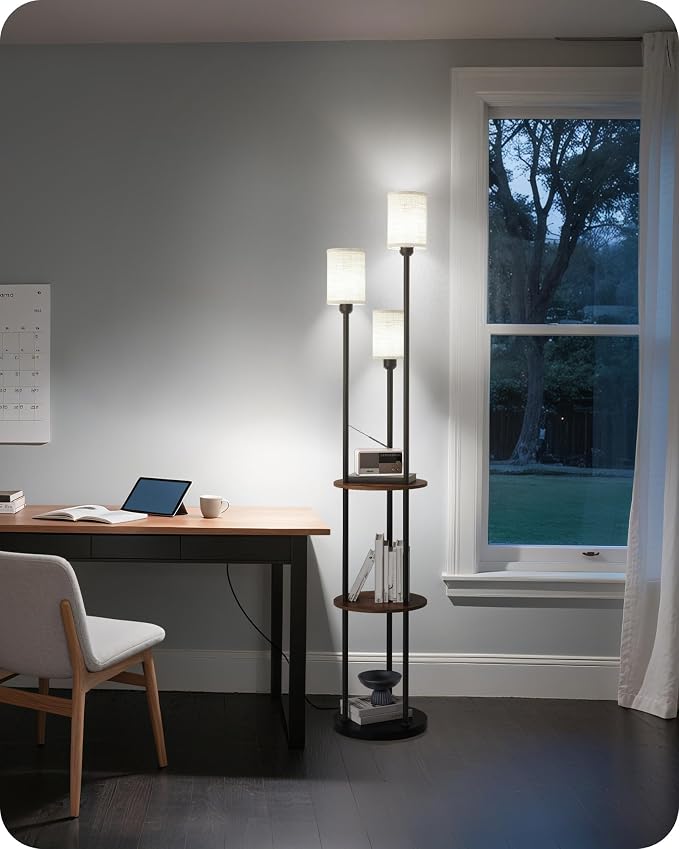 70.9" Floor Lamp with Shelves, Modern Floor Lamp with 3 Linen Shades and Foot Switch, 3-Light Standing Lamp, for Living Room, Bedroom, Study, Office, Rustic Brown and Beige EF53LD05