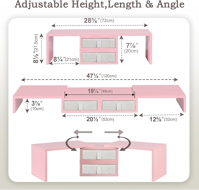 TEAMIX Pink Dual Monitor Stand Riser with 2 Drawers - Length and Angle Adjustable Double Corner Desk Shelf Organizer 37 inch for 2 Laptop/PC/Screen/TV (2 Drawers - 8''H)