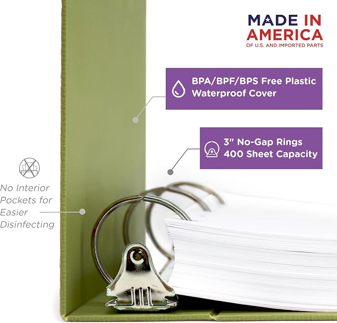 Carstens 3-Inch Heavy Duty 3-Ring Binder - Side Opening, Sage, Durable Plastic, Precision No-Gap Rings, Waterproof Cover, No Pockets, Holds 400 US Letter Sheets, BPA-Free, Made in USA (1714-3R)