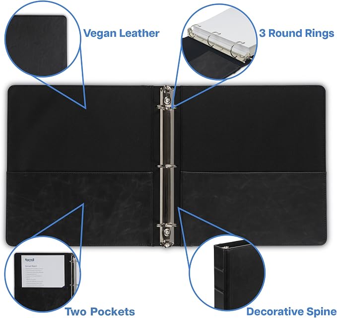Samsill Vintage Leather Binder, 1 Inch Round Ring (Holds 200 Sheets), Letter Size 8.5x11 Documents, Professional Organizer Portfolio, No Zipper, Black