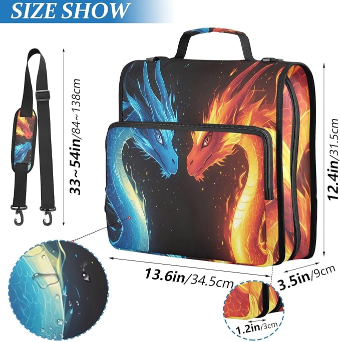 Red Blue Dragons Fire Eyes 3 Ring Binder Bag 1.5 inch Binder Organizer with Zipper Shoulder Strap 500 Sheet Documents Storage for School Office
