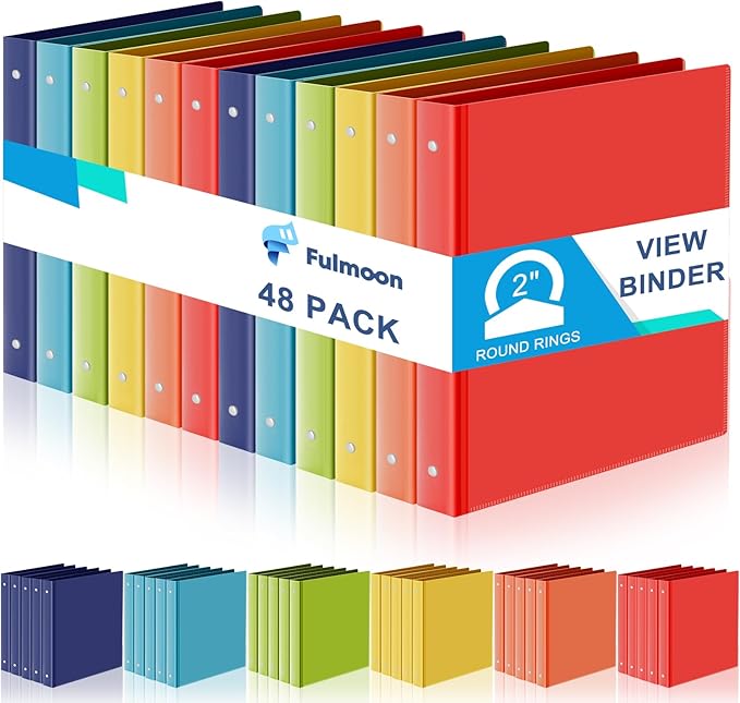 Fulmoon 48 Pack 3 Ring Plastic Binders 2 Inch Bulk with 2 Pockets, Flexible Binder Loose Leaf Hardcover, Fit 12" x 10" US Letter Size Paper, for School Office Home, 6 Colors(Vibrant)