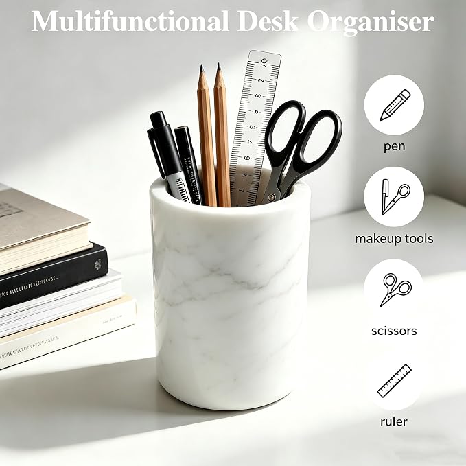 Marble Pen Holder, Minimalist Desk Stationery Cup for Home Office | Solid marble,Natural unique stone veins,Smooth polished finish,Weighted non-slip base,Stable anti-topple structure