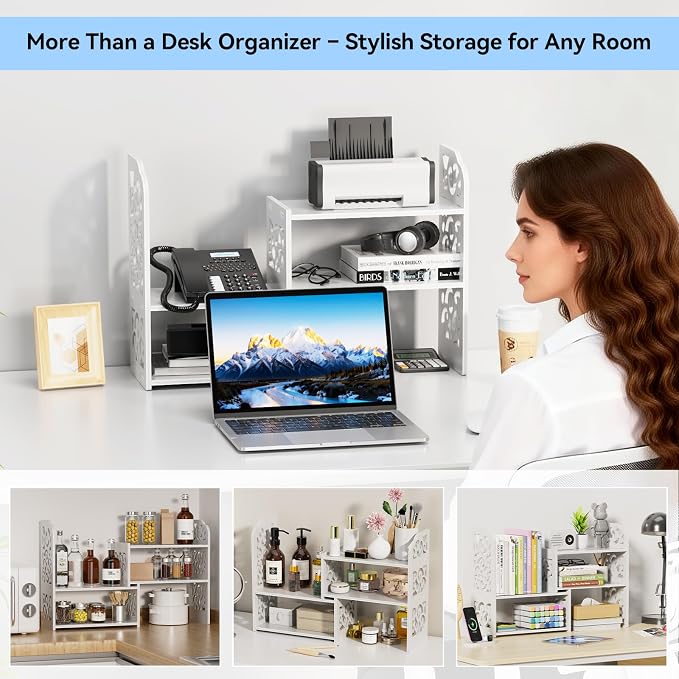 YGYQZ Adjustable Desktop Shelf Organizer, 3-Tier Expandable Desk Shelf, White Pattern