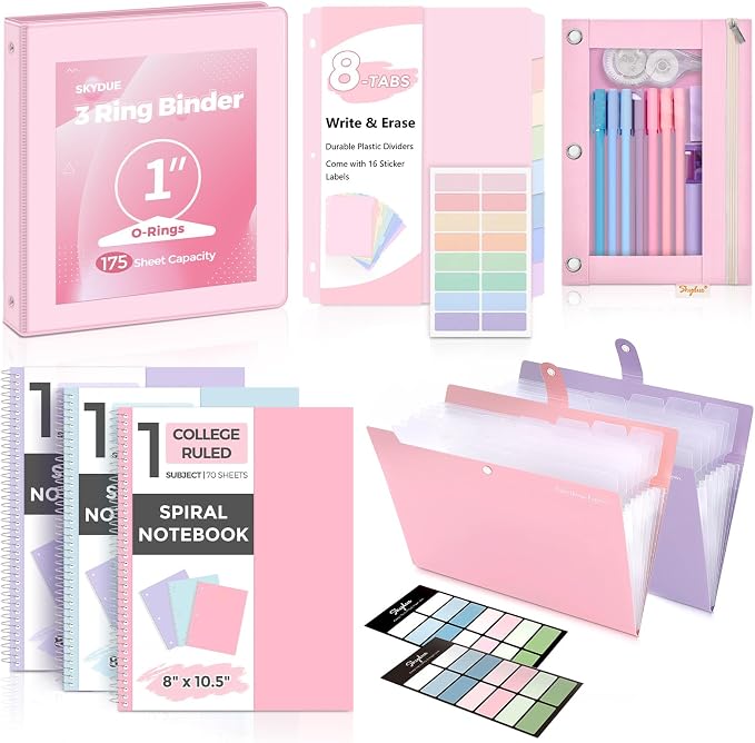 SKYDUE Pink School Supplies Set – 1" 3-Ring Binder, 2 Expanding File Folders, 3 Spiral Notebooks, 8 Tab Dividers & Pencil Pouch – Cute Stationery for High School Stude, College Essentials