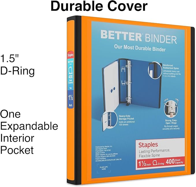 Staples Better Binder, 1.5-Inch D-Ring View, Orange, 350 Sheets | Reinforced spine for durable everyday use in office and school settings.