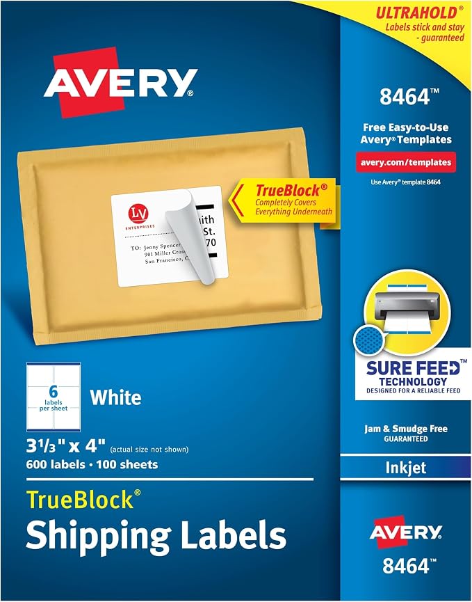 Avery Printable Shipping Labels, Sure Feed Technology, 3-1/3" x 4", White, 600 Blank Mailing Labels (8464) (Pack of 5)