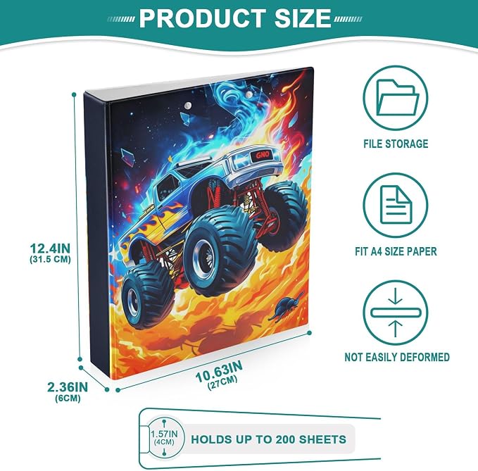 Monster Truck Cool Round Ring Binders 1.5 Inch Yellow Boom Cars Cute Doodle Pattern 3 Ring Clipboard Binder for Office School Work Supplies File Folder Document 200 Sheet Capacity Easy Open