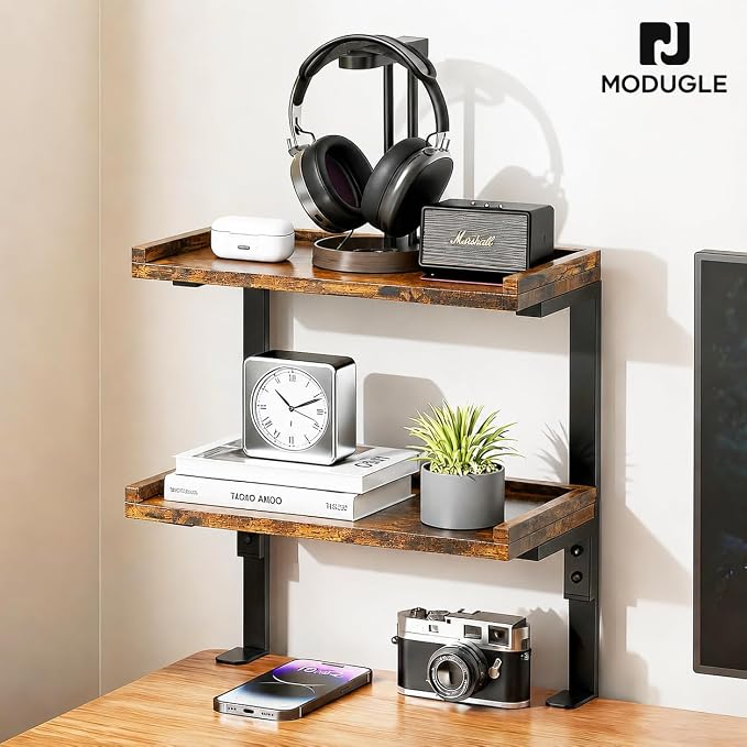 2-Tier Clamp-On Desk Shelf, 12.5" Wooden Desktop Storage Rack for Office Desk & Gaming Setup, Tabletop Organizer for Books, Accessories, Top or Under-Desk Mounted Shelf, Brown