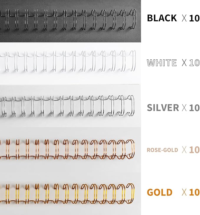 Binditek Metal Wire Binding Spine, 1/2 Inch, 2:1 Pitch, Multi Color 50 Pack | Double Loop Wire Binding Spines, 21-Loop, 140 Sheet Capacity, 5 Assorted Colors (Black,Gold,Silver,White,Rose Gold)