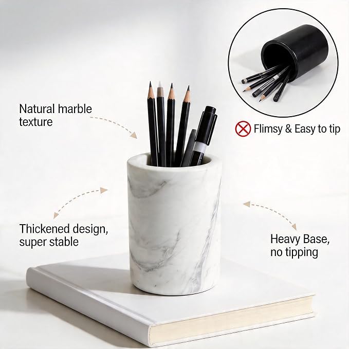 Marble Pen Holder, Minimalist Desk Stationery Cup for Home Office | Solid marble,Natural unique stone veins,Smooth polished finish,Weighted non-slip base,Stable anti-topple structure