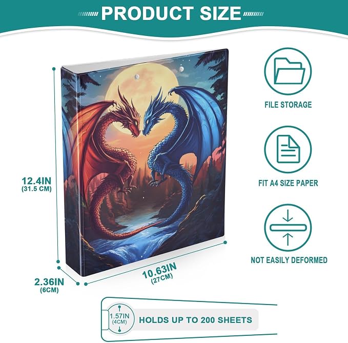 ALAZA 3 Ring Binder Red Blue Dragons Night Clipboard Round Ring Binder Holds 1.5 Inch Three Ring Binder Heavy Duty Ring Binders for Office Supplies, 1Pack