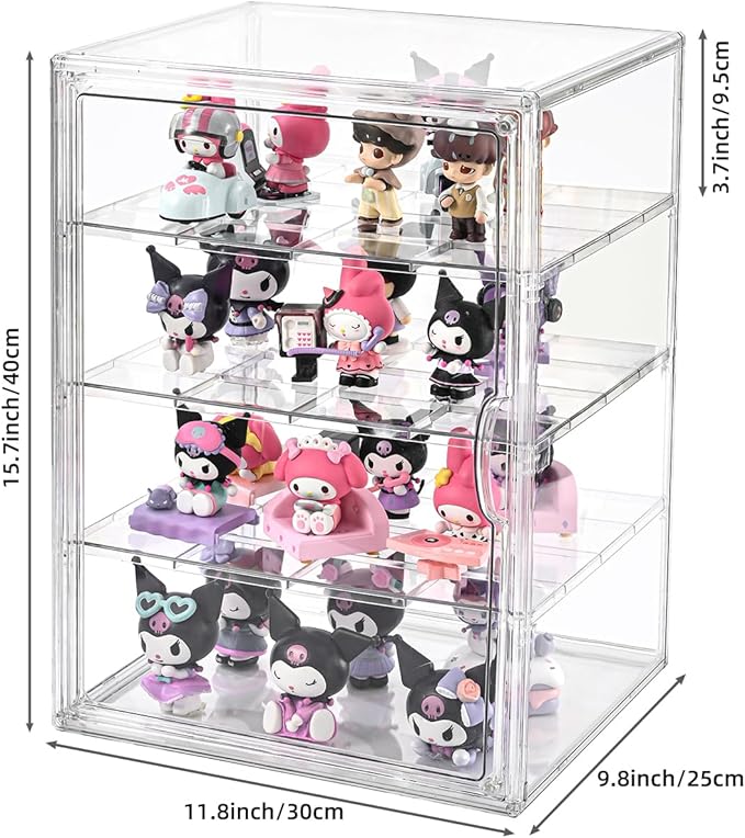 4 Tier Display Case for Collectibles,Clear Display Box with 3 Movable Plates ,Storage Container with Magnetic Door
