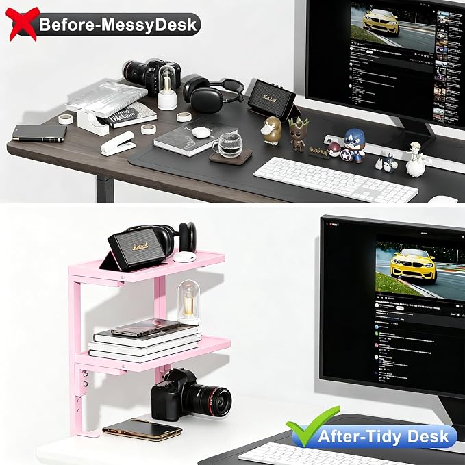 2-Tier Desk Shelf | Desk Organization Expandable Clamp on Desk Shelf Desktop Accessories for Offices and Game Rooms (Pink)