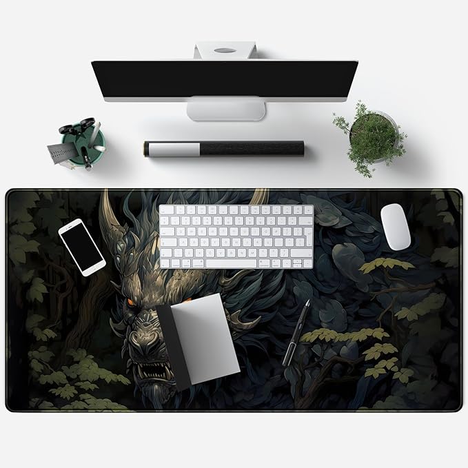 Japan Black Desk Mat Dragon Anime Gaming Mouse Pad Large Desk Pad for Desk Computer Pc Laptop Office Decor for Men, Anime Mouse Keyboard Pad Stitched Edges Non-Slip Rubber Mat Desk Pad, 31.5x15.8 in.