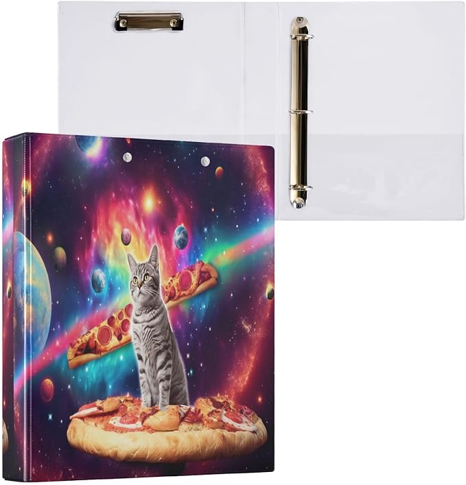 Custom 3 Ring Binder Cat Pizza Planets 1.5" Round Ring Binders Personalized Name View Binder with 200 Sheet for Women Men Office Kids School Supplies, 1 Pack