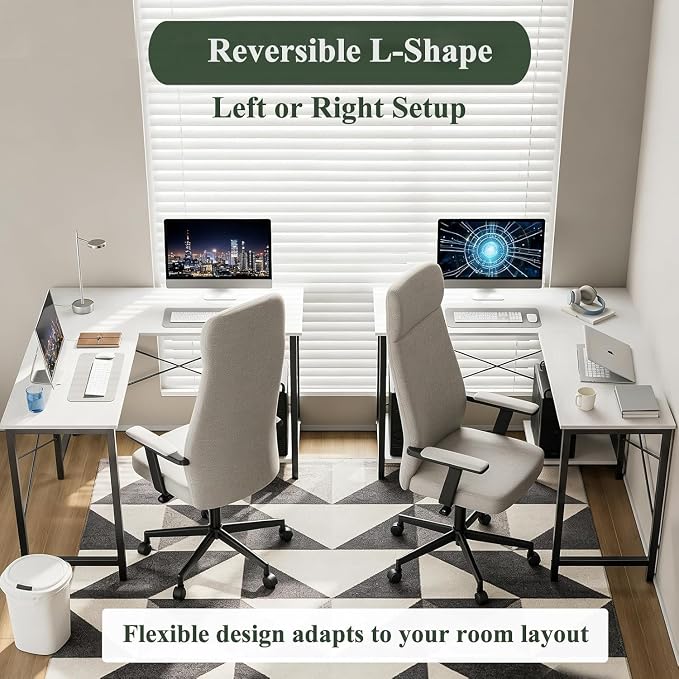 L Shaped Desk Computer Desk, 50inch White Gaming Desk with CPU Stand | Reversible Corner Desk, Sturdy Metal Frame, Student Study Writing Table for Home Office