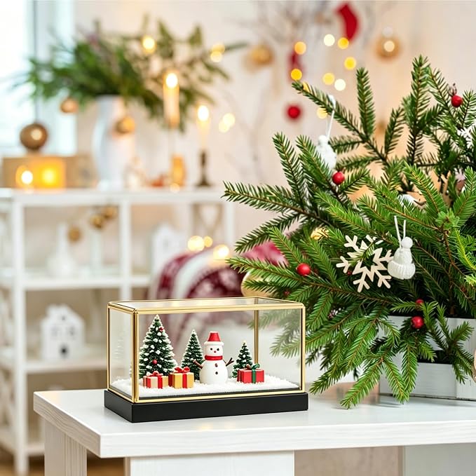 Hipiwe Glass Display Case for Collectibles Vintage Gold Display Case Box | Rectangular Glass Box for Figurine Models Plants Metal Frame Keepsake Box with Black Wood Base, 7.5"x4"x5"