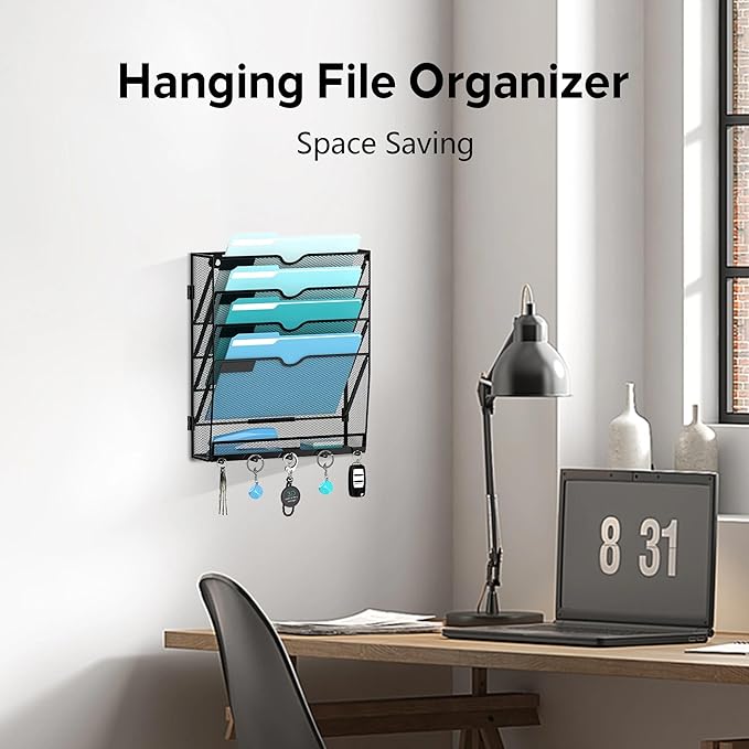 5-Tier Wall File Organizer and Mail Organizer with 5 Hooks, Black | Label slots, curved openings, 5 key hooks, and a bottom tray support organized mail, file, and everyday item storage.