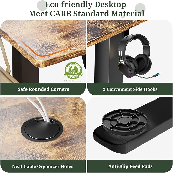 48 x 24 in Electric Standing Desk - Memory Height Adjustable | Ergonomic Sit-to-Stand Rising Computer Table Gaming Workstations with 2 Hooks and Wire Hole for Home Office, Brown