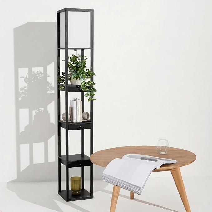 Brightech Maxwell Drawer Edition - Modern Shelf Floor Lamp with Drawer - Corner Display Floor Lamps with Shelves for Living Room, Bedroom and Office - Black