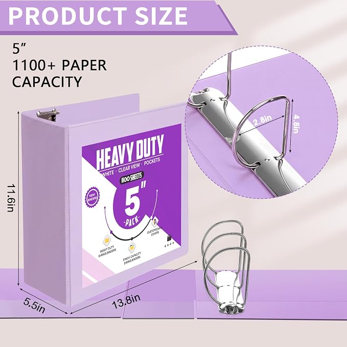 Sinload 6 Pcs 3 Ring Binder, 5 Inch Large Capacity 3 Slant D Ring Binders with Pockets, 8.5" x 11" Presentation Folder View Binder with Customizable Clear Cover for Documents Files Projects (Purple)