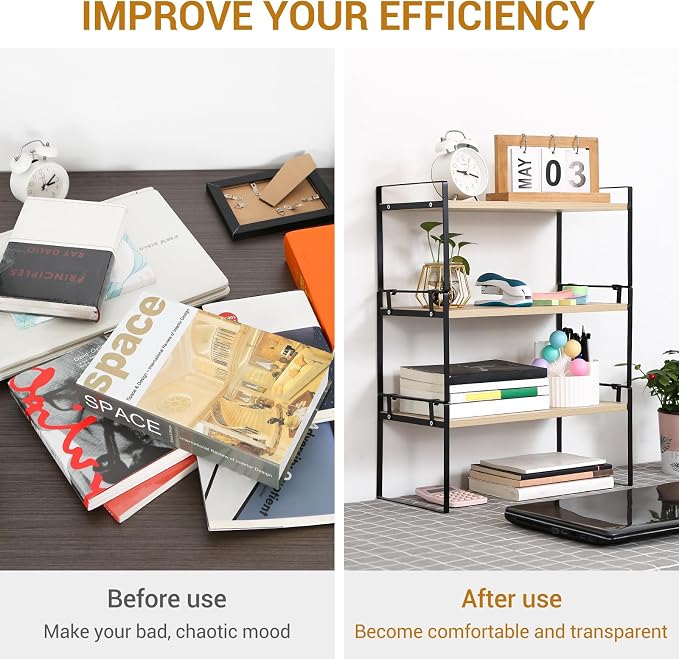 YGYQZ Desk Shelf Organizer for Top of Desk, 3-Tier Desktop Bookshelf, Black & Wood