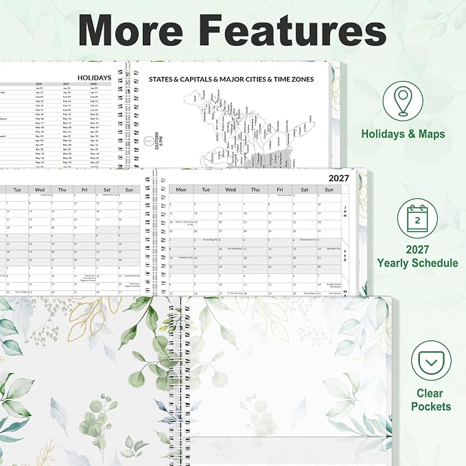 SUNEE 2026-2027 Appointment Book, Quarter-Hourly, Weekly & Monthly - from July 2026 to June 2027, 8.5"x11" Academic Planner, Flexible Cover, Note Pages, Bookmark, Spiral Binding, Greenery