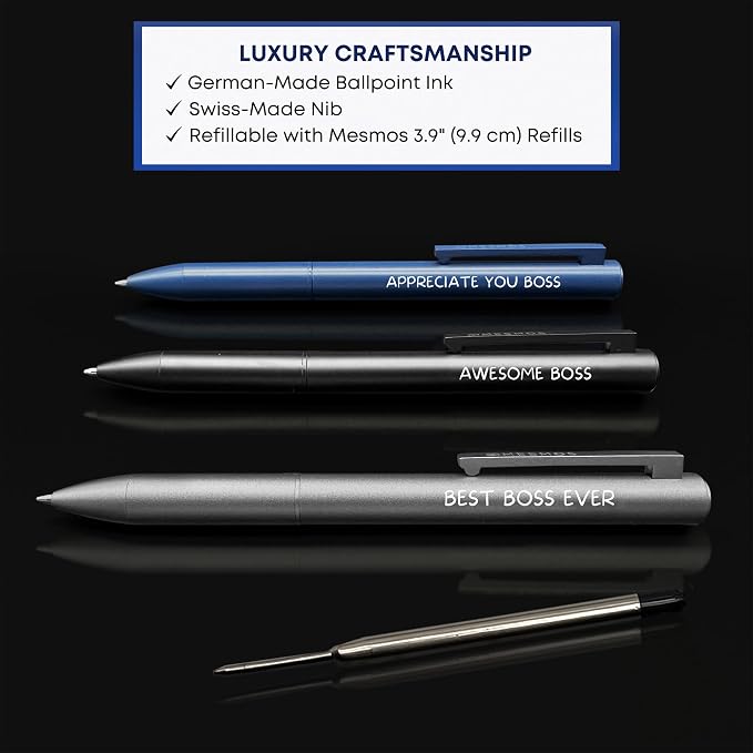 MESMOS 3pk Fancy Pens for Men, German Made Ballpoint Ink 1mm Medium Tip, Best Boss Gifts for Men, Boss Day Male Birthday Gift for Him