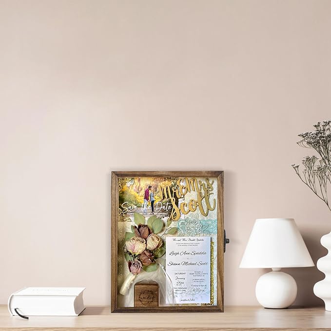 FramePro Shadow Box Frame Display Case 12x16 with Removable Shelves, Deep Memory Box Trinket Knick Knack Shelf Cabinet for Collector, Keepsake Coins Military Medals Wedding Flowers Real Wood