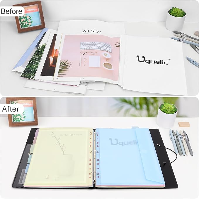 Uquelic A4 Binder, Folio Document Organizer, 3 Ring Folder Letter Size | Cute 12-Pocket Life Binder for Paper, Files, Photos, Letters, Cards (Black-Macaron)