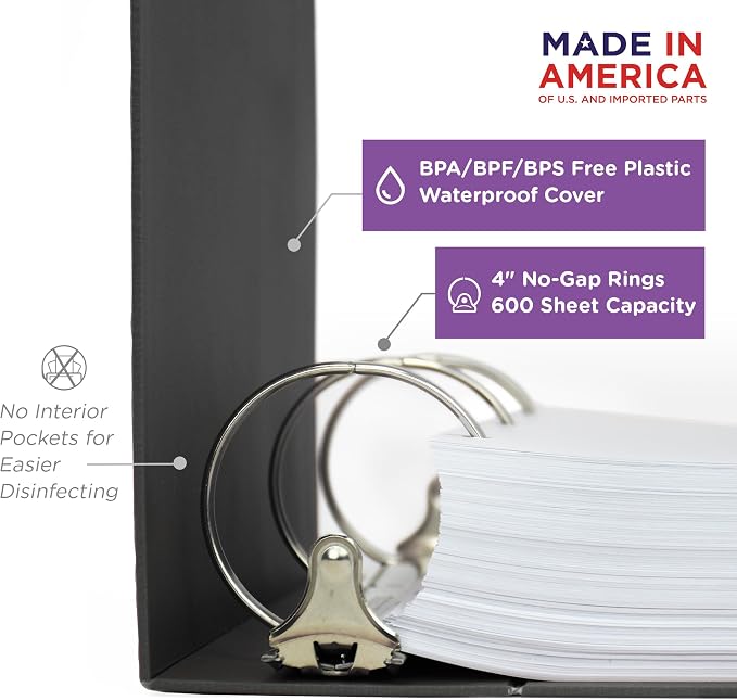 Carstens 4-Inch Heavy Duty 3-Ring Binder - Side Opening, Charcoal Gray, Durable Plastic, Precision No-Gap Rings, Waterproof Cover, No Pockets, Holds 600 Letter Sheets, BPA-Free, Made in USA (1851-3R)