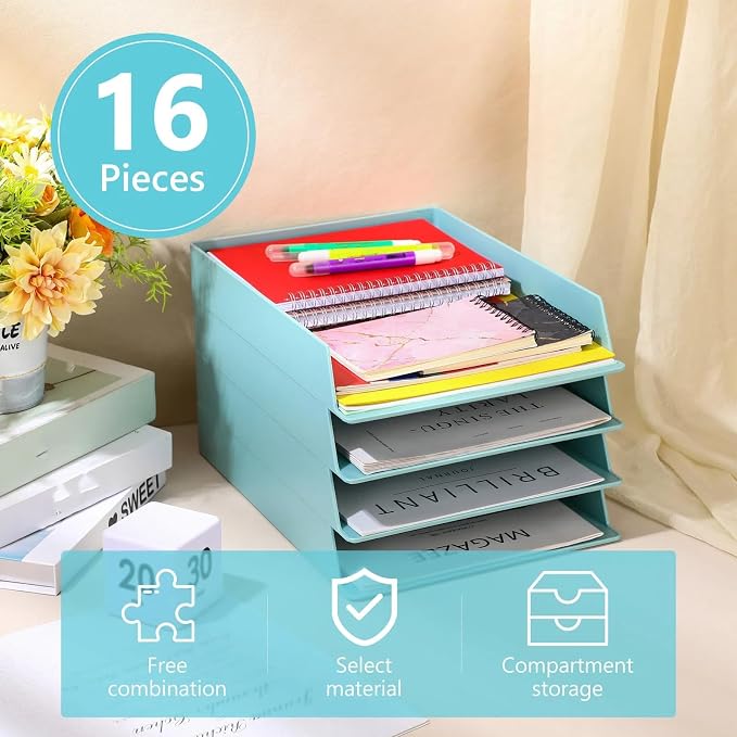 Tatuo 16 Pack Stackable Paper Trays Plastic Letter Tray Desk Organizer Paper Holder Organizer Storage Office Desk Accessories for Classroom Magazine File Documents 12.8 x 9.45 x 1.97, Blue Green