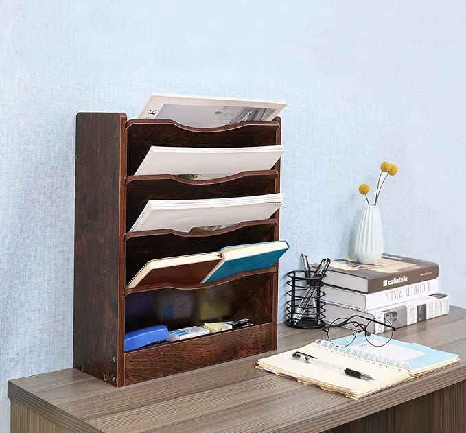 5-Tier Wall File Holder Hanging Mail Organizer Wood Magazine Literature Rack with 6 Hooks, Brown