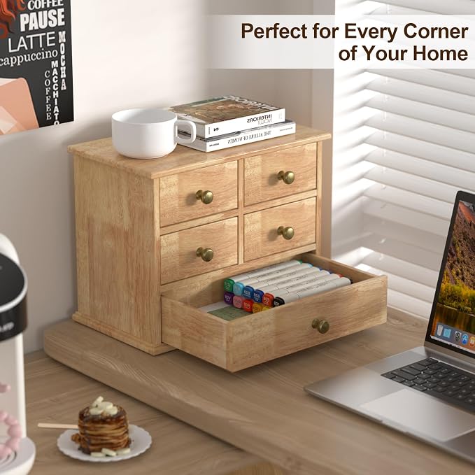 Oak Desk Organizer with Drawers, Durable Wooden Desktop Storage Box | 5 Drawer Tabletop Organizer with Metal Handle & Non-Slip Pad for Office, Bedroom, Bathroom, Vanity, Makeup, Light Burnt Brown
