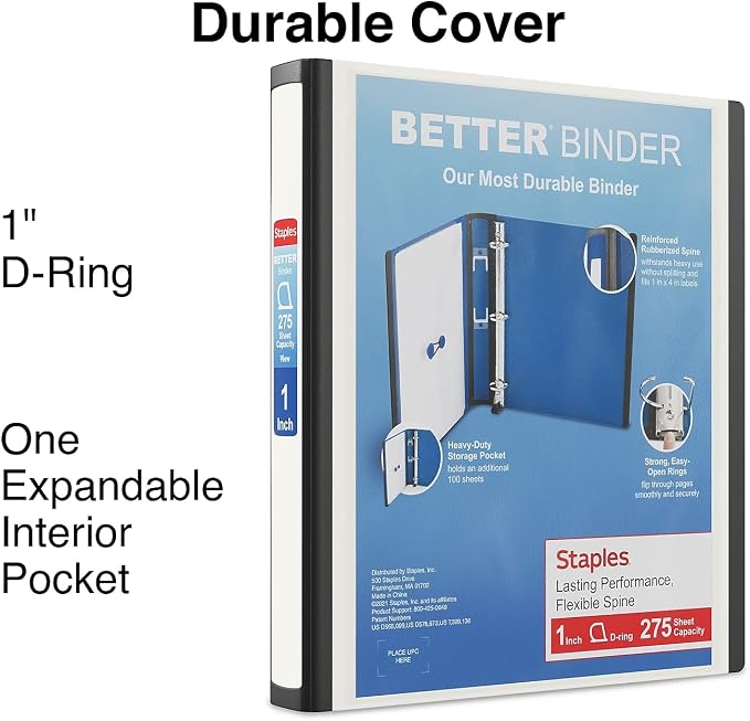 Staples Better Binder, 1 Inch D-Ring, White, 275 Sheets, 3-Pack | Reinforced spine for durable school and office document organization.