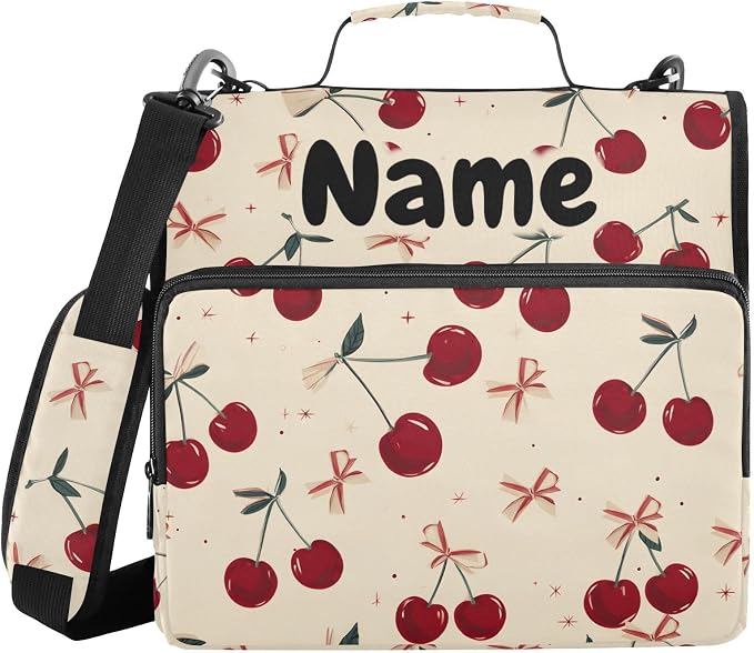 Custom Retro Bow Cherry 3 Ring Binder Bag 1.5 inch Personalized Name Binder Organizer 500 Sheet Documents Storage for School Office