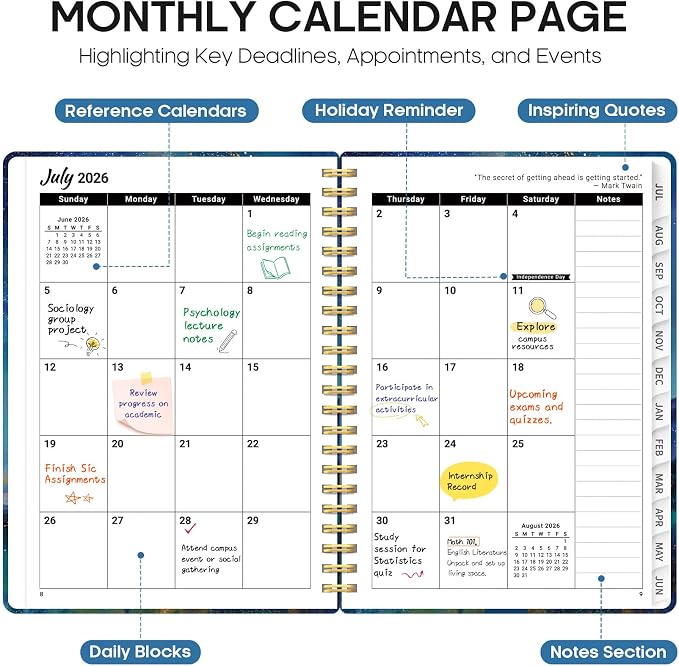 Academic Planner 2026-2027, Jul 2026-Jun 2027 Monthly & Weekly Planner
