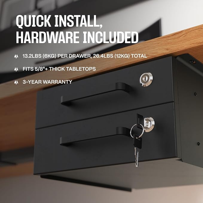 Under Desk Drawer Slide-Out – Lockable Metal Storage Drawers with Cable Management for Office & Home (Double, Non-Bracketed)