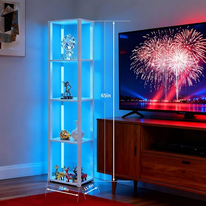 RGBCW Floor Lamp with Shelves, LED Smart Modern Floor Lamp with Music Sync, Color Changing Corner Display Shelf Lamp, Standing Lamp with Shelves for Living Room and Bedroom, Office, White