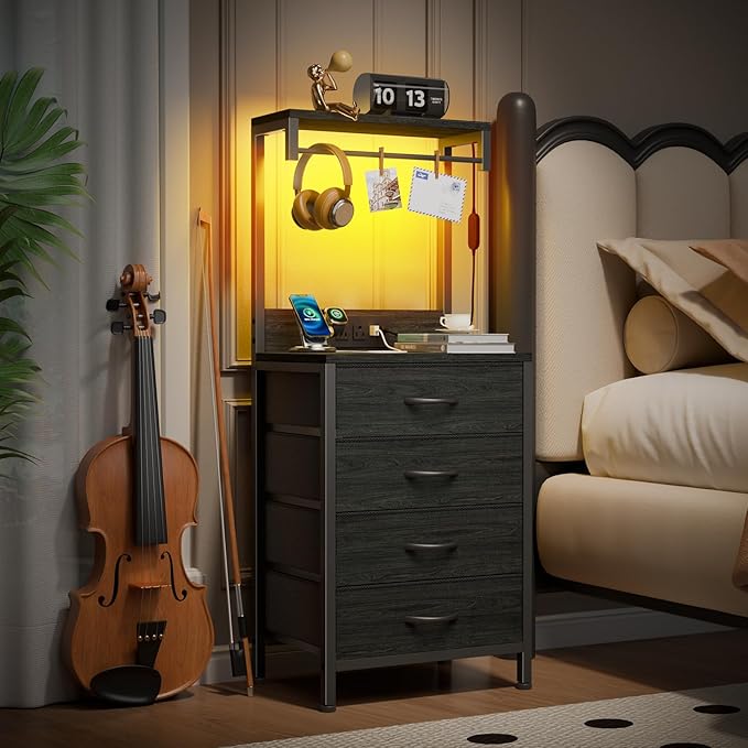 Nightstands Set of 2, 38" Tall Bedside Table with Charging Station | Charging Station & RGB LED Lights, 4 Fabric Drawers & Storage Wood Shelves, Metal Frame, Black Night Stand for Bedroom Dorm