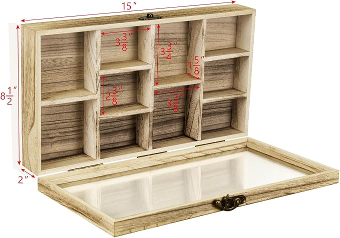 Ikee Design Wall-Mounted Wooden Display Case with Glass Top, 10 Slots | 10-SLOT DISPLAY CASE: Oak wood wall cabinet with hinged tempered glass top for mini figures, collectibles and oils.